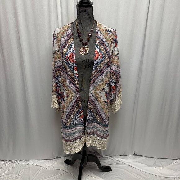 Rewind Floral Patchwork Open Front Kimono Cover Up Womens Sz XXL Lace Trim Boho - Picture 1 of 9